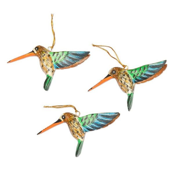 Alternate image for Set of 3 Hand-Painted Hummingbird Ornaments from Bali Hummingbird Joy