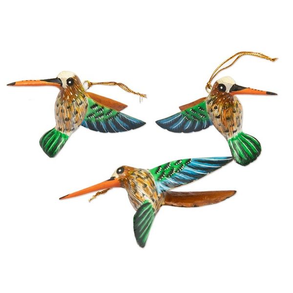 Alternate image for Set of 3 Hand-Painted Hummingbird Ornaments from Bali Hummingbird Joy