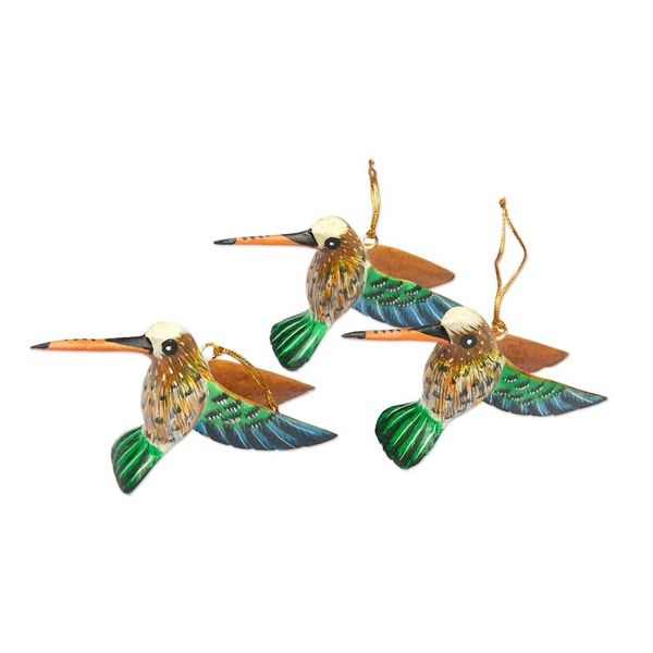 Alternate image for Set of 3 Hand-Painted Hummingbird Ornaments from Bali Hummingbird Joy