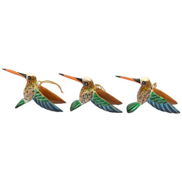 Alternate image for Set of 3 Hand-Painted Hummingbird Ornaments from Bali Hummingbird Joy