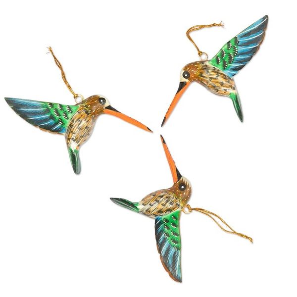 Alternate image for Set of 3 Hand-Painted Hummingbird Ornaments from Bali Hummingbird Joy
