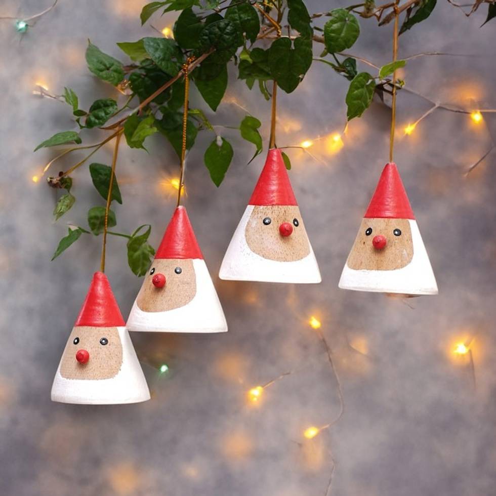 Set of 4 Hand-Painted Wood Santa Ornaments Made in Bali 'Mr. Santa'