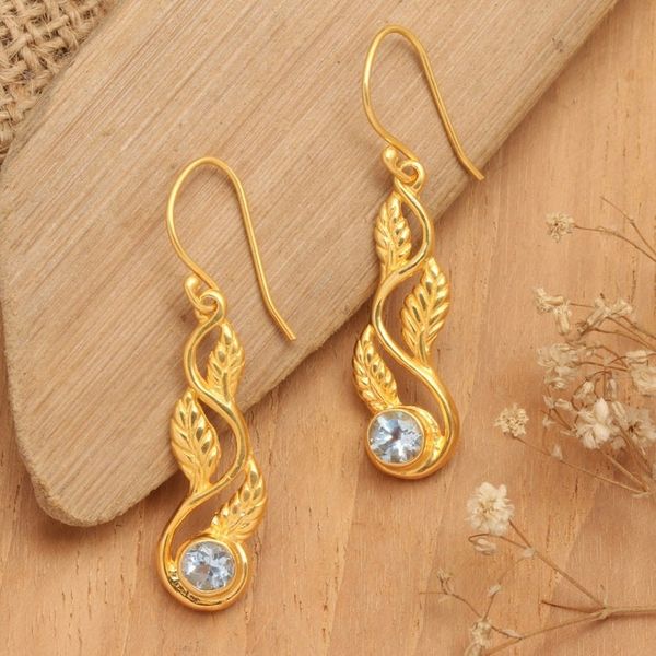 Alternate image for 22k Gold-Plated Leafy Blue Topaz Dangle Earrings from Bali Vines of Loyalty