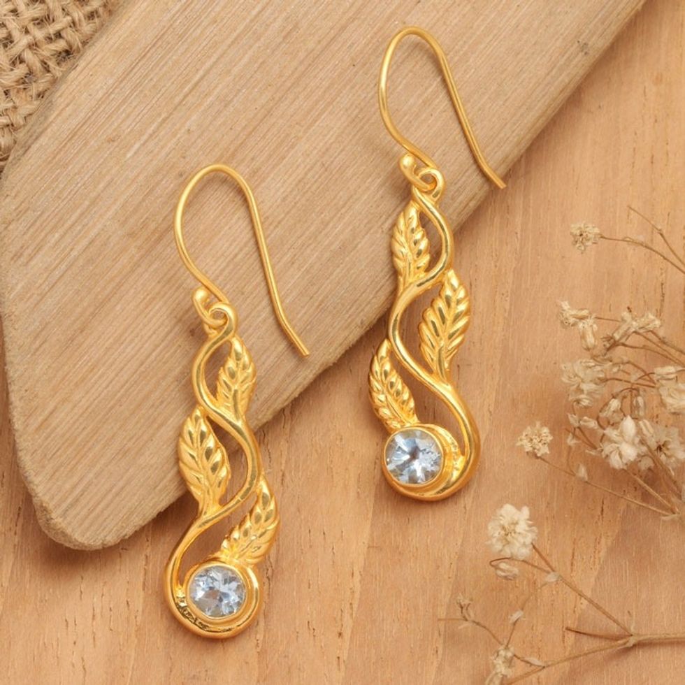 22k Gold-Plated Leafy Blue Topaz Dangle Earrings from Bali 'Vines of Loyalty'