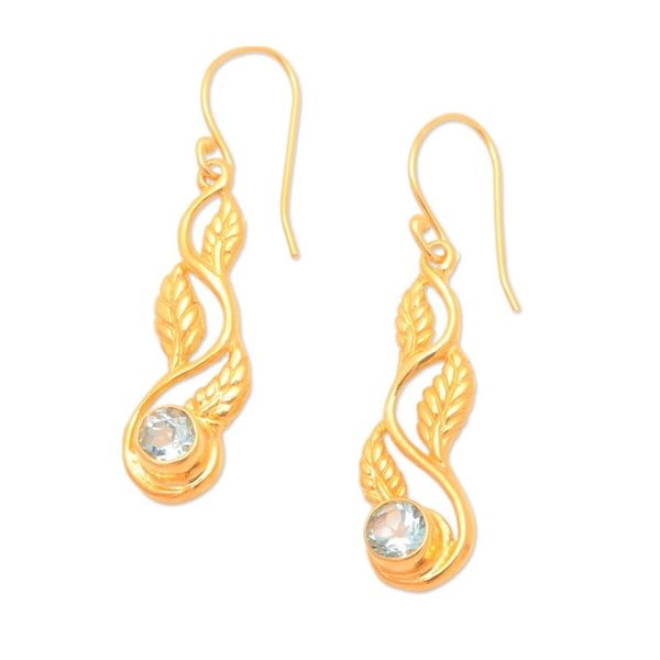 Alternate image for 22k Gold-Plated Leafy Blue Topaz Dangle Earrings from Bali Vines of Loyalty