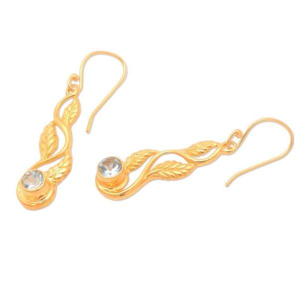 Alternate image for 22k Gold-Plated Leafy Blue Topaz Dangle Earrings from Bali Vines of Loyalty
