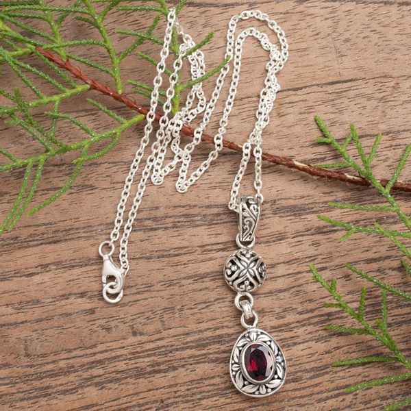 Alternate image for Sterling Silver Garnet Pendant Necklace with Leaf Motifs Red Summer