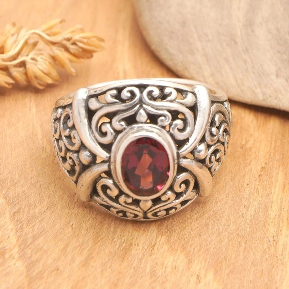 Traditional Domed Cocktail Ring with One-Carat Garnet Gem 'Perseverance Temple'