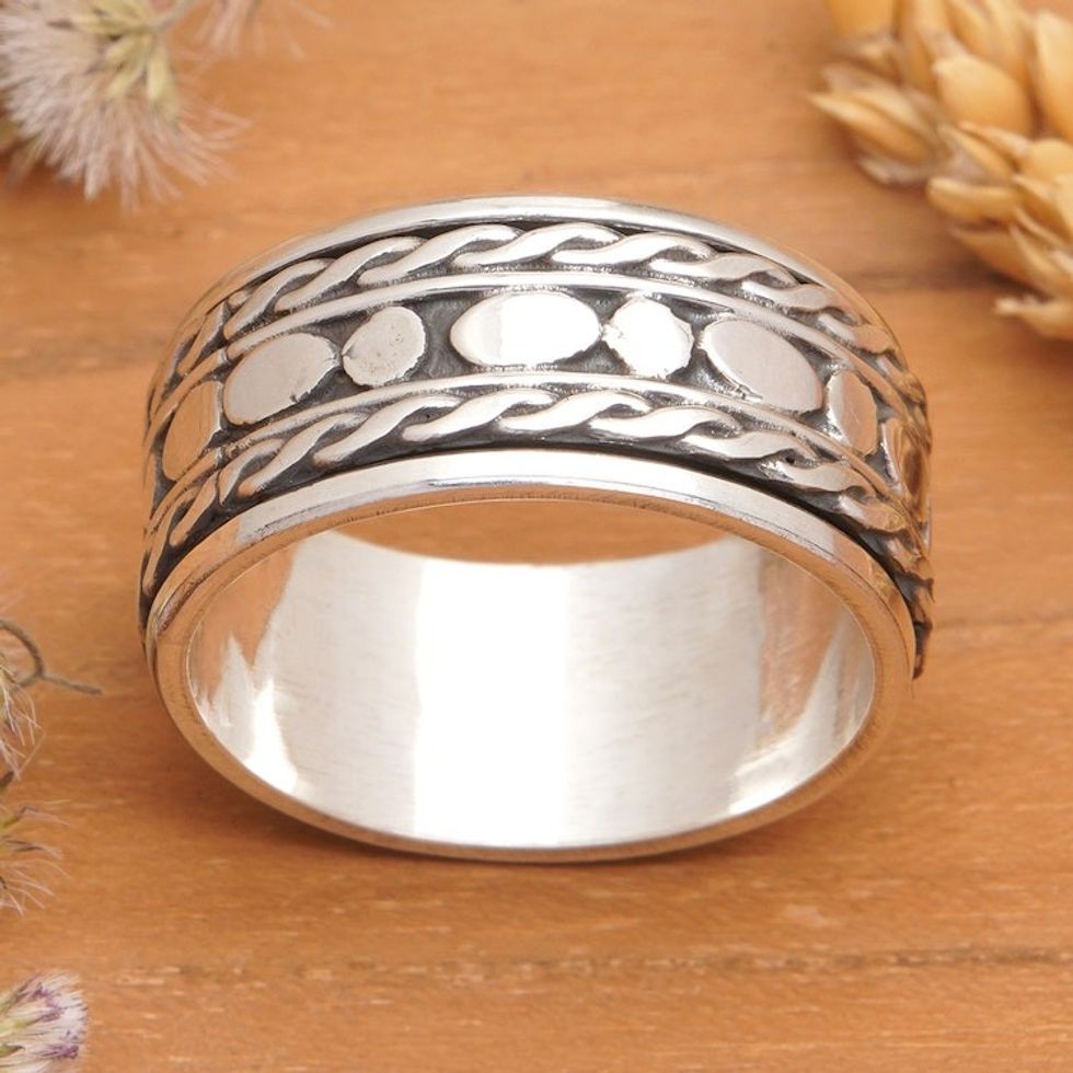 Men's Traditional Polished Sterling Silver Band Ring 'Dots Braids'