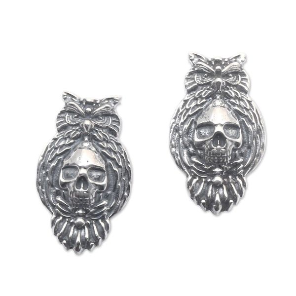 Alternate image for Owl and Skull-Themed Sterling Silver Button Earrings Eternal Owl
