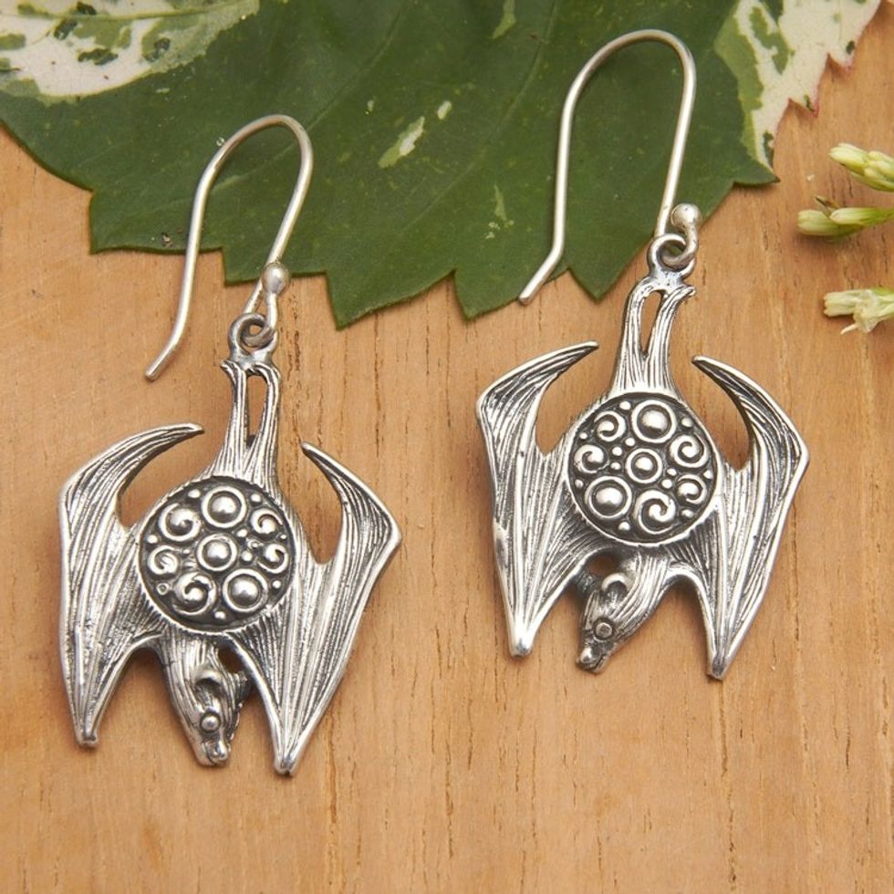 Bat-Themed Sterling Silver Dangle Earrings Made in Bali 'Night Emperors'