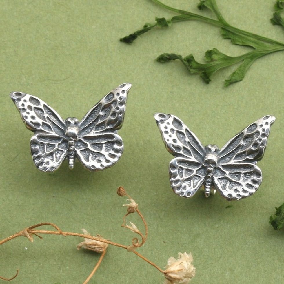 Oxidized Butterfly-Shaped Sterling Silver Button Earrings 'Butterfly in Forest'