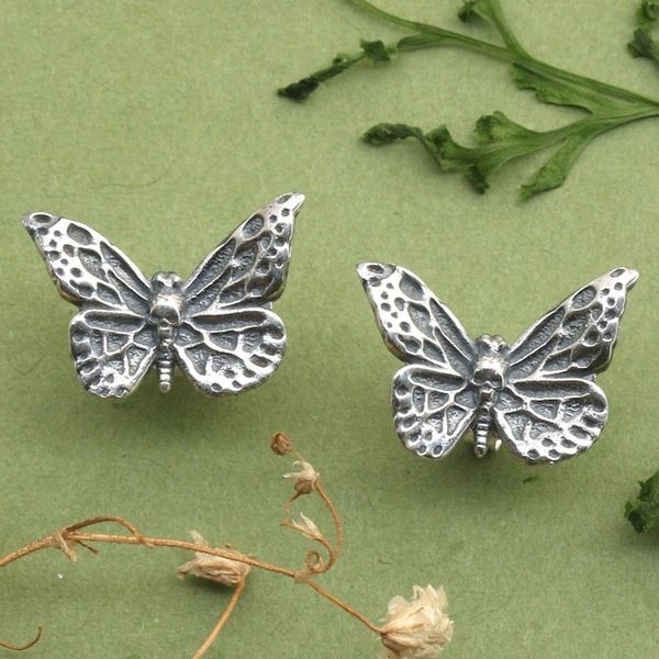 Alternate image for Oxidized Butterfly-Shaped Sterling Silver Button Earrings Butterfly in Forest