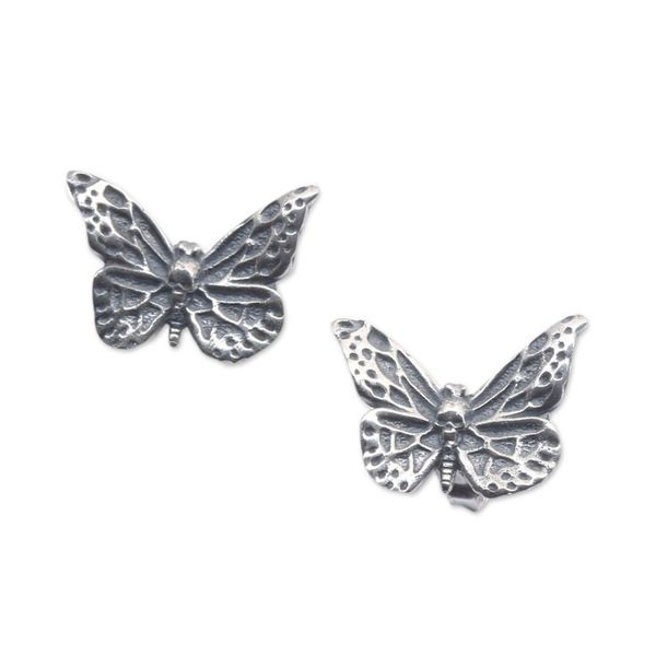 Alternate image for Oxidized Butterfly-Shaped Sterling Silver Button Earrings Butterfly in Forest