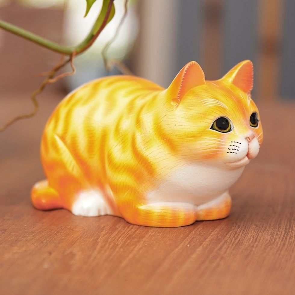 Handcrafted Kitten Suar Wood Figurine in Warm Hues 'Jolly Kitten'