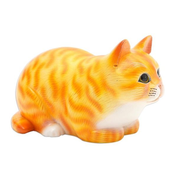 Alternate image for Handcrafted Kitten Suar Wood Figurine in Warm Hues Jolly Kitten