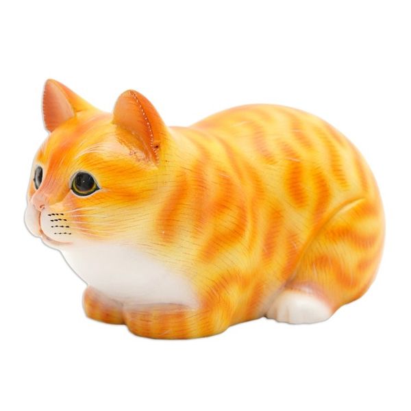 Alternate image for Handcrafted Kitten Suar Wood Figurine in Warm Hues Jolly Kitten