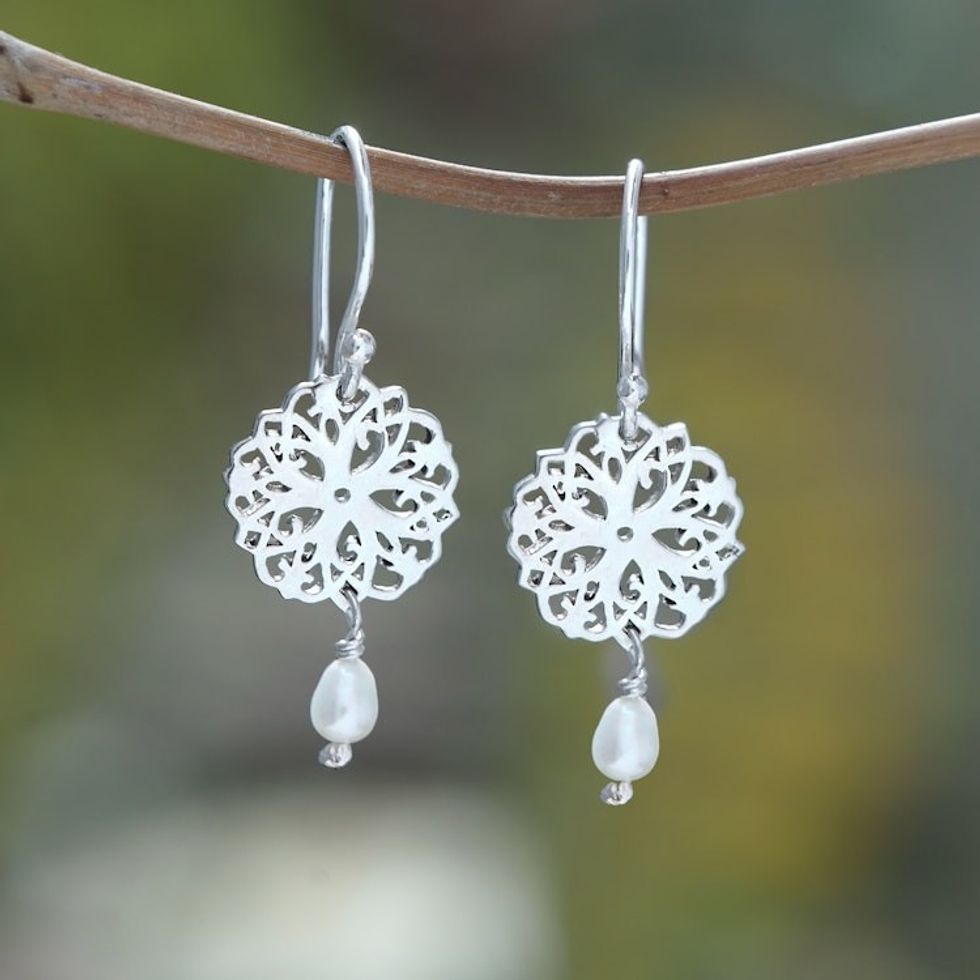 Floral Sterling Silver Dangle Earrings with White Pearls 'September Blooms'