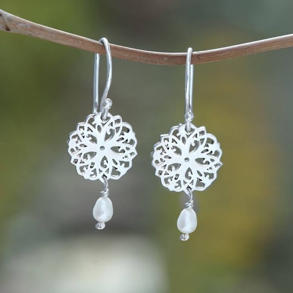 Floral Sterling Silver Dangle Earrings with White Pearls 'September Blooms'
