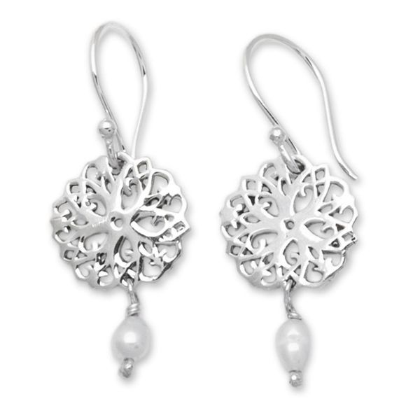 Alternate image for Floral Sterling Silver Dangle Earrings with White Pearls September Blooms
