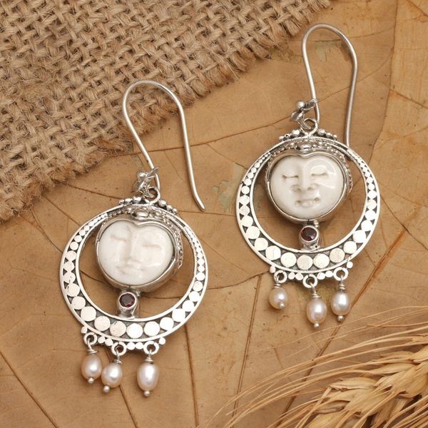 Alternate image for Classic Balinese Dangle Earrings with Pearls and Garnet Gems Islands Passionate Blessing