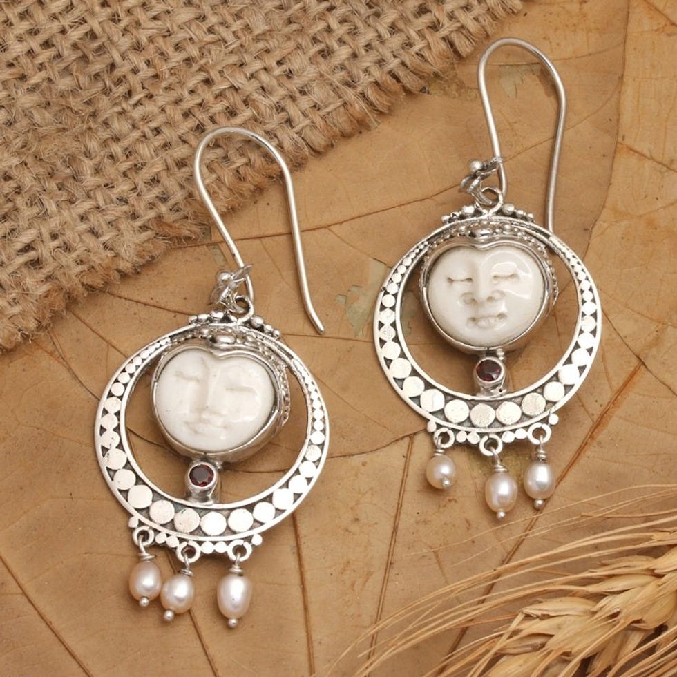 Classic Balinese Dangle Earrings with Pearls and Garnet Gems 'Island's Passionate Blessing'