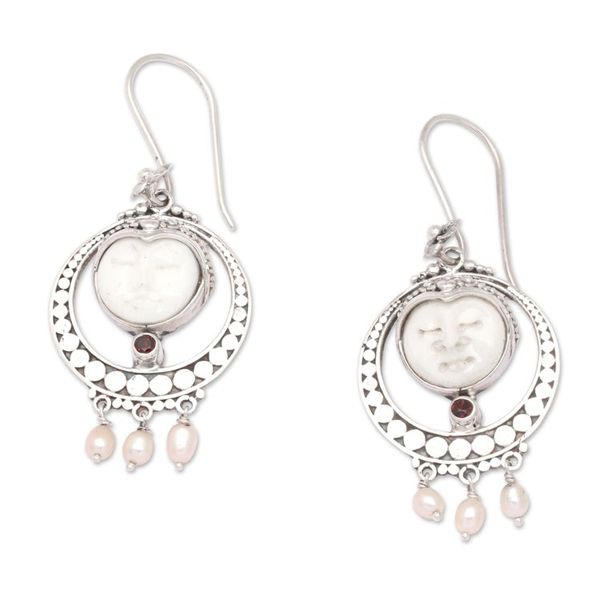 Alternate image for Classic Balinese Dangle Earrings with Pearls and Garnet Gems Islands Passionate Blessing