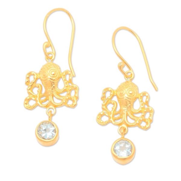 Alternate image for 22k Gold-Plated Octopus Dangle Earrings with Blue Topaz Gems Golden Sage of the Sea