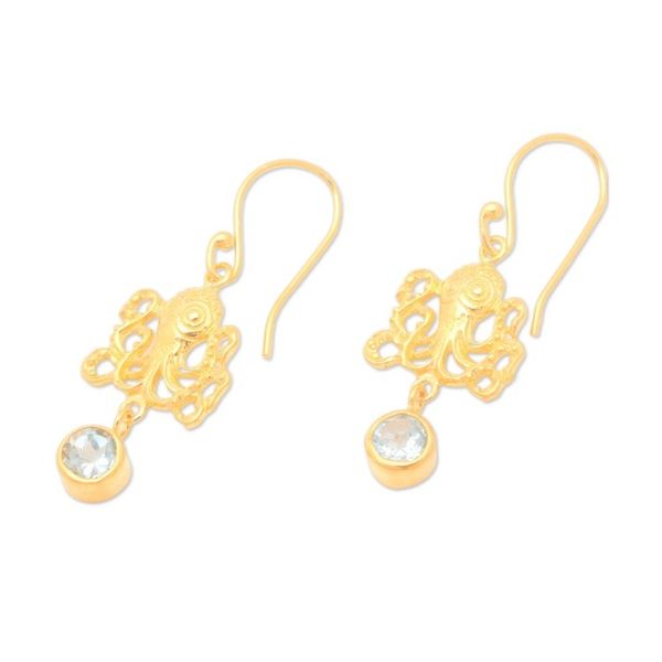 Alternate image for 22k Gold-Plated Octopus Dangle Earrings with Blue Topaz Gems Golden Sage of the Sea