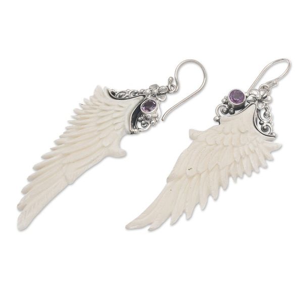 Alternate image for Traditional Wing-Shaped Faceted Amethyst Dangle Earrings Wise Archangel
