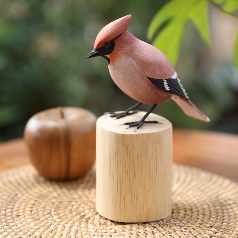 Hand-Carved Hand-Painted Wood Bird Statuette with Teak Base 'Adorable Waxwing'