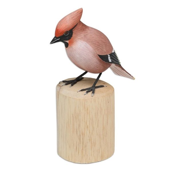 Alternate image for Hand-Carved Hand-Painted Wood Bird Statuette with Teak Base Adorable Waxwing