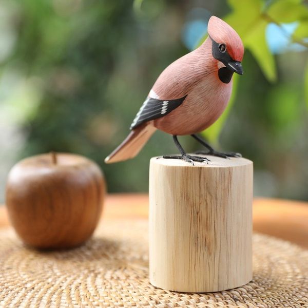 Alternate image for Hand-Carved Hand-Painted Wood Bird Statuette with Teak Base Adorable Waxwing