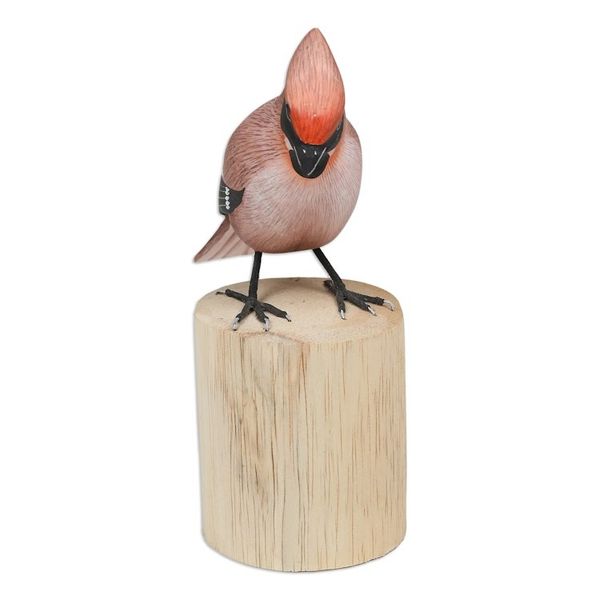 Alternate image for Hand-Carved Hand-Painted Wood Bird Statuette with Teak Base Adorable Waxwing