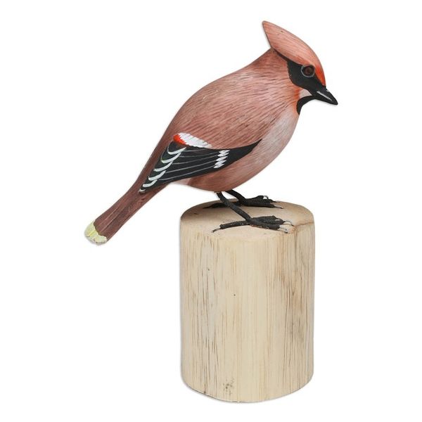 Alternate image for Hand-Carved Hand-Painted Wood Bird Statuette with Teak Base Adorable Waxwing