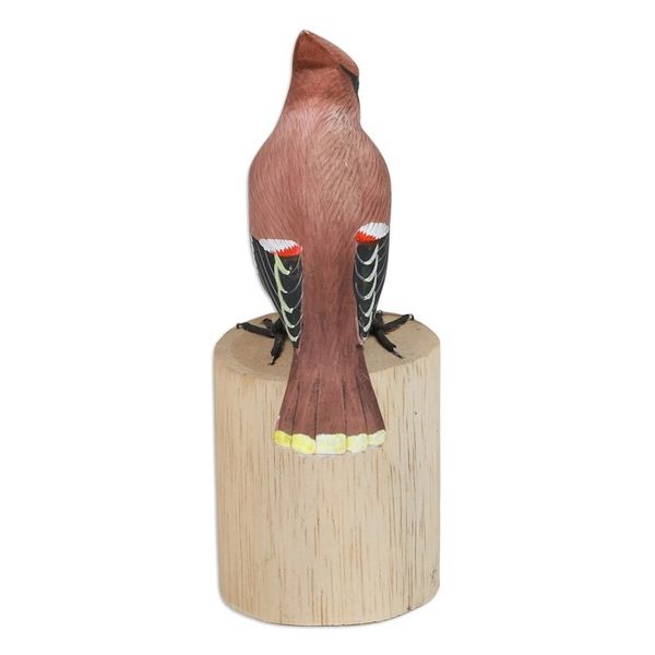 Alternate image for Hand-Carved Hand-Painted Wood Bird Statuette with Teak Base Adorable Waxwing