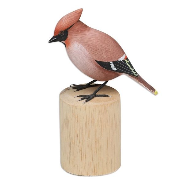 Alternate image for Hand-Carved Hand-Painted Wood Bird Statuette with Teak Base Adorable Waxwing