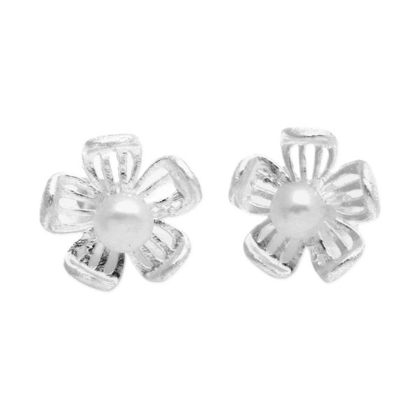 Alternate image for Brushed-Satin Finished Floral White Pearl Button Earrings Pure Flower