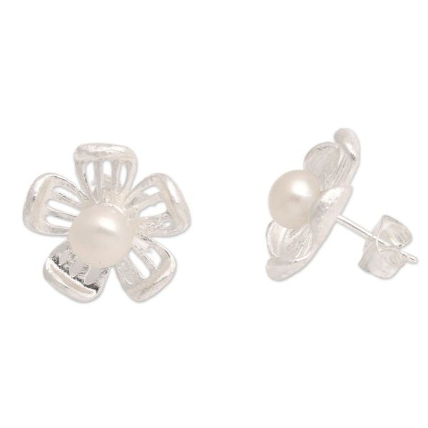 Alternate image for Brushed-Satin Finished Floral White Pearl Button Earrings Pure Flower