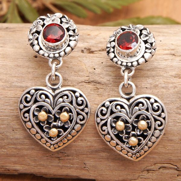 Alternate image for 925 Silver Heart Dangle Earrings with Garnet Gold Accents Frangipani Heart