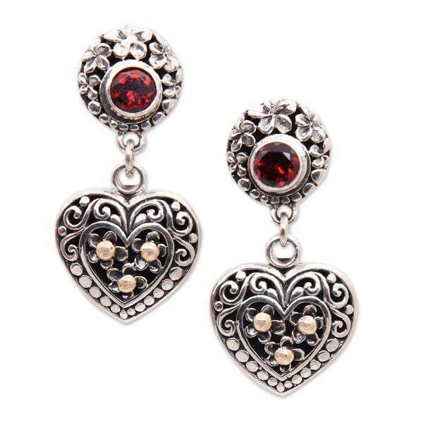 Alternate image for 925 Silver Heart Dangle Earrings with Garnet Gold Accents Frangipani Heart