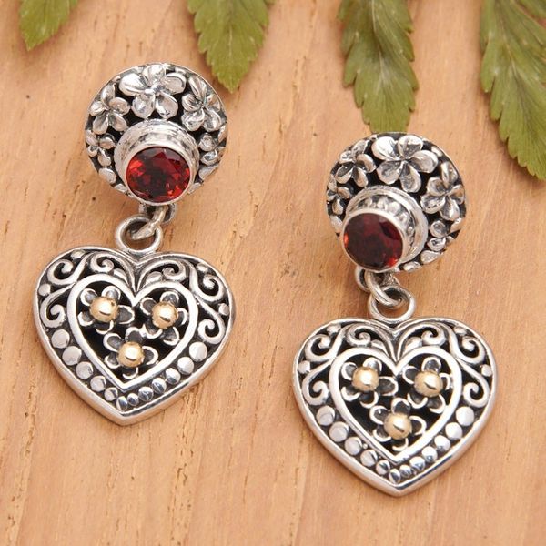 Alternate image for 925 Silver Heart Dangle Earrings with Garnet Gold Accents Frangipani Heart