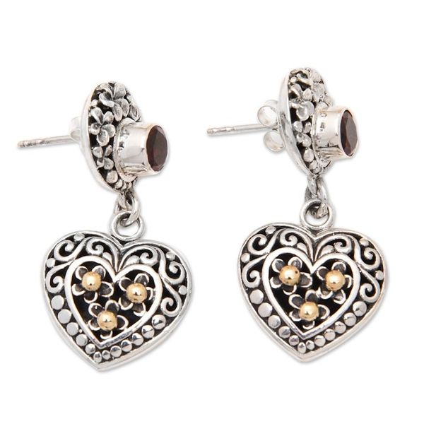 Alternate image for 925 Silver Heart Dangle Earrings with Garnet Gold Accents Frangipani Heart