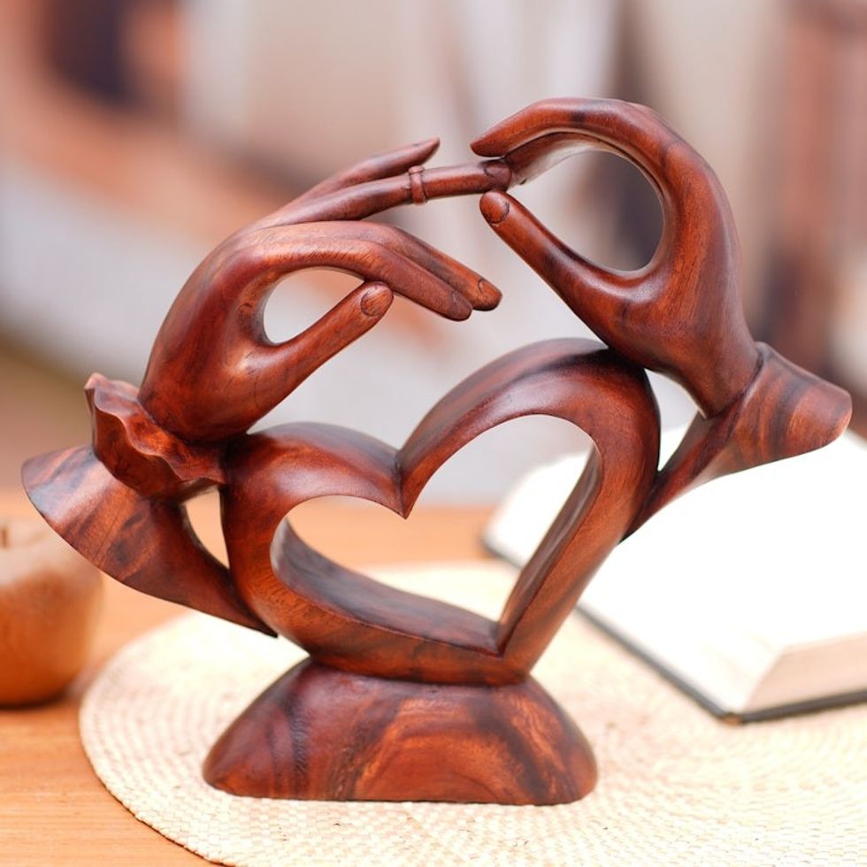 Hand Carved Abstract Wood Sculpture of Marriage Proposal 'Happy Engagement'