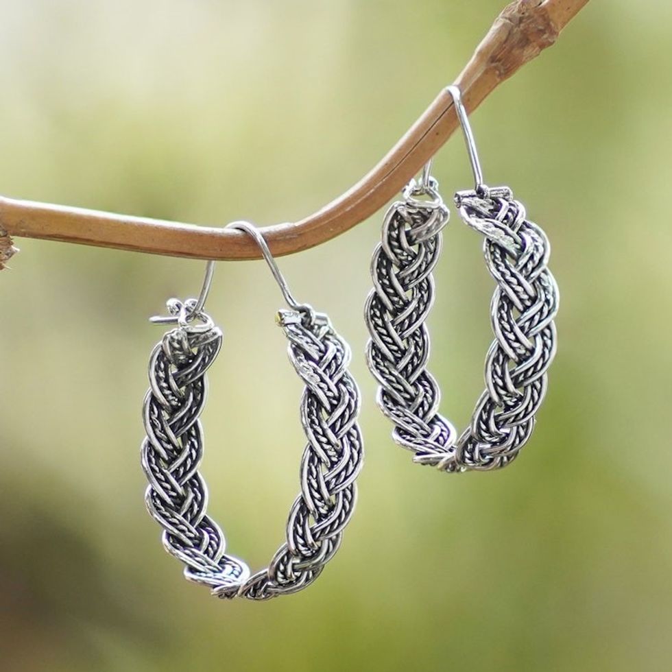 Balinese Sterling Silver Hoop Earrings with Braided Style 'Braided Flair'