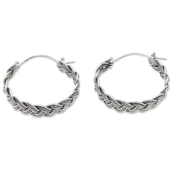 Alternate image for Balinese Sterling Silver Hoop Earrings with Braided Style Braided Flair
