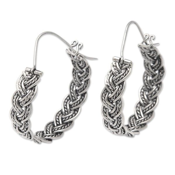 Alternate image for Balinese Sterling Silver Hoop Earrings with Braided Style Braided Flair