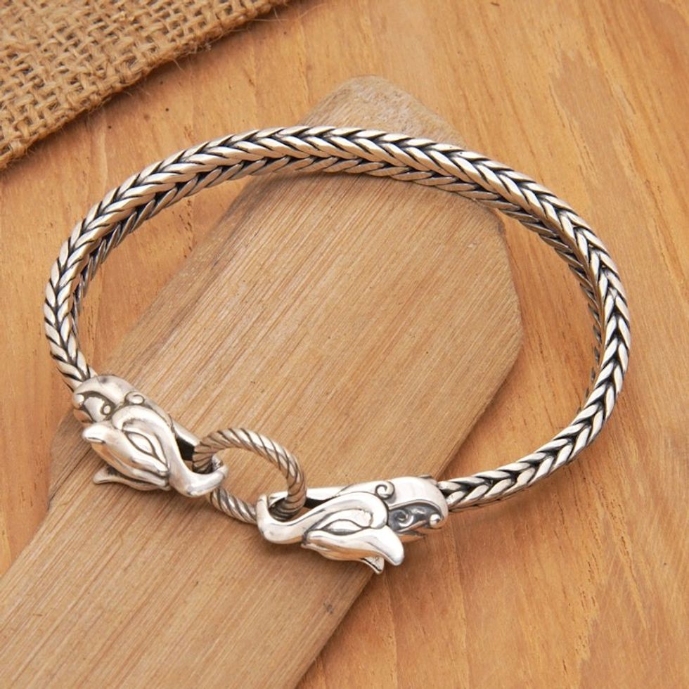 Polished Sterling Silver Eagle Pendant Bracelet from Bali 'Eagle Battle'