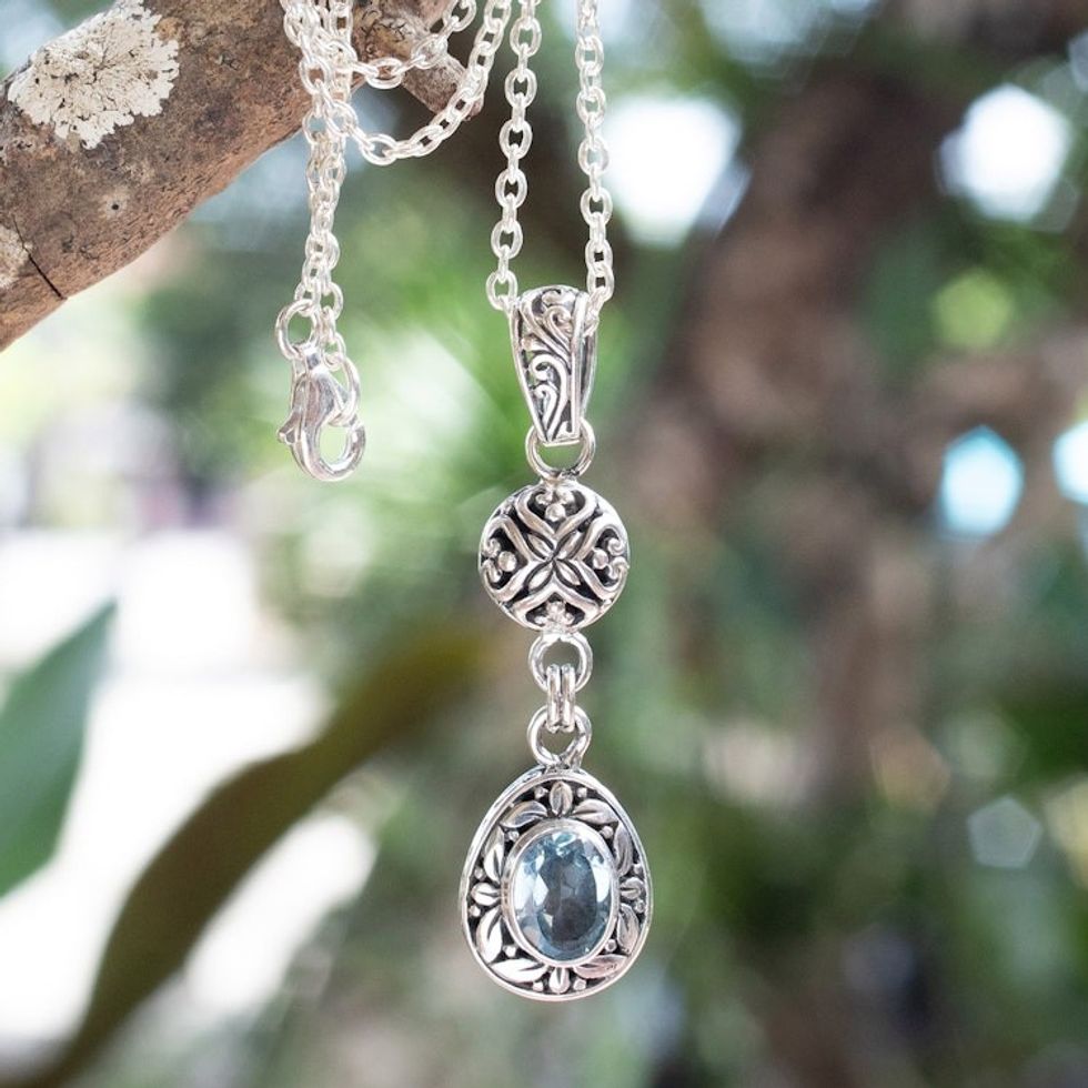 Sterling Silver Blue Topaz Pendant Necklace with Leaf Motifs 'Loyal Summer'