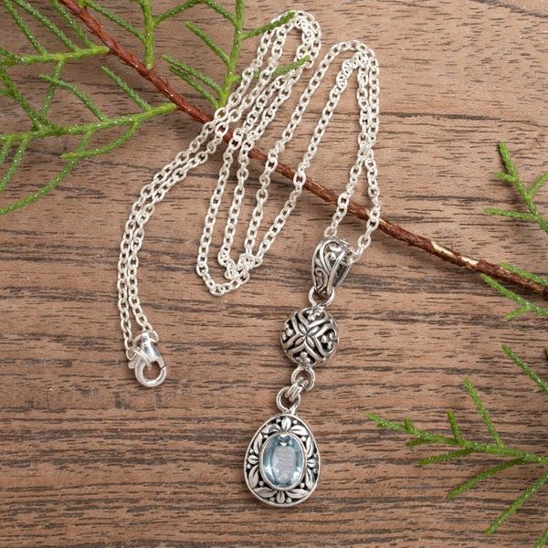 Alternate image for Sterling Silver Blue Topaz Pendant Necklace with Leaf Motifs Loyal Summer